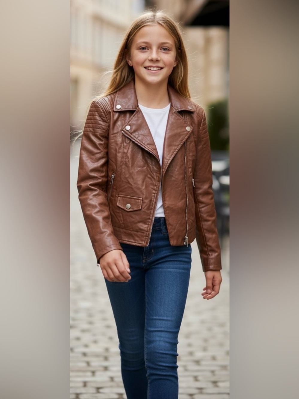 H&M kids girls brown leather moto jacket nwt size 14